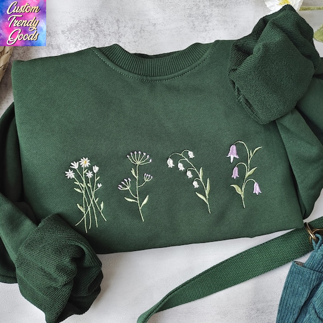 Cute Wildflowers Embroidered Crewneck-dark Green Daisy Sweatshirt Cute Wildflowers Embroidered Crewneck-dark Green Daisy Sweatshirt