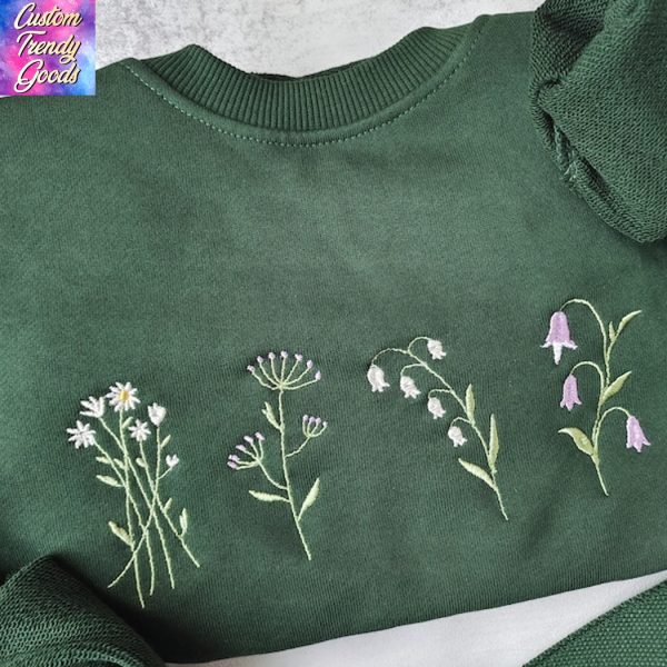Cute Wildflowers Embroidered Crewneck-dark Green Daisy Sweatshirt
