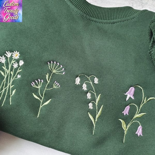 Cute Wildflowers Embroidered Crewneck-dark Green Daisy Sweatshirt