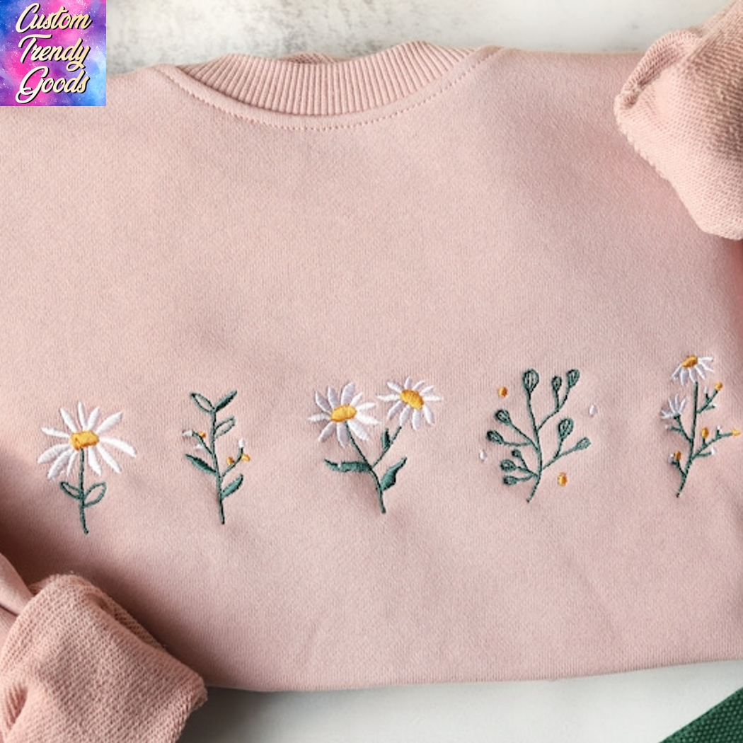 Pink Daisy Embroidered Gifts For Her Sweatshirt Pink Daisy Embroidered Gifts For Her Sweatshirt