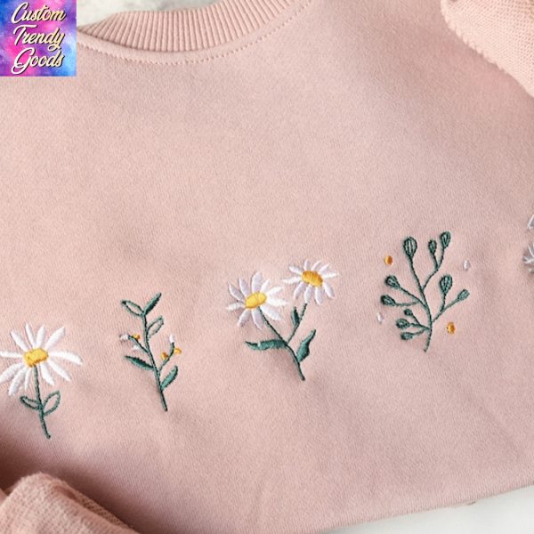 Pink Daisy Embroidered Gifts For Her Sweatshirt