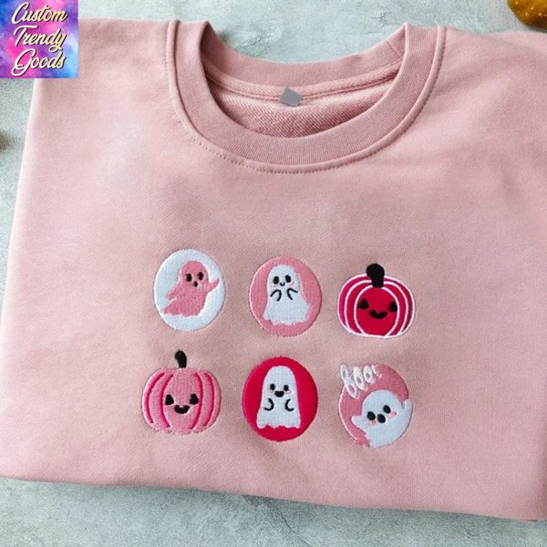 Embroidered Cookies Boo Ghost And Pumpkin Sweatshirt