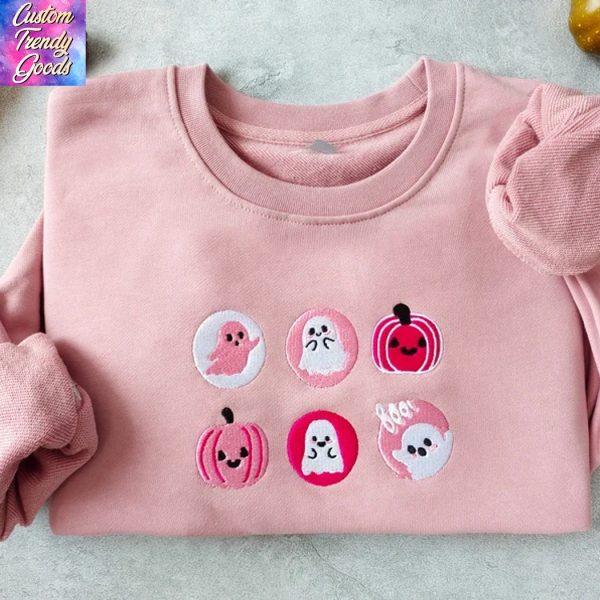 Embroidered Cookies Boo Ghost And Pumpkin Sweatshirt