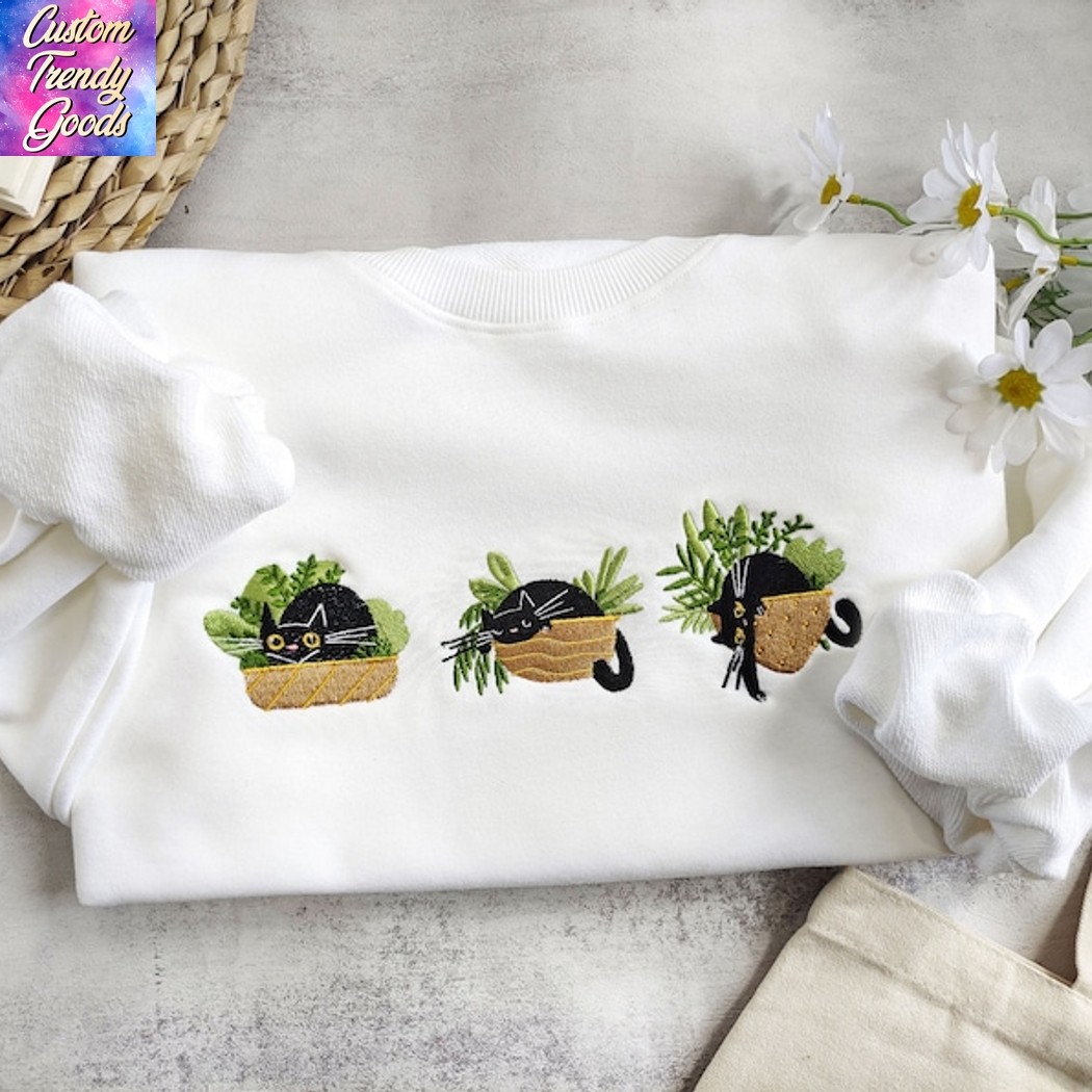 Embroidered Cute Black Cat And Plants Sweatshirt Embroidered Cute Black Cat And Plants Sweatshirt