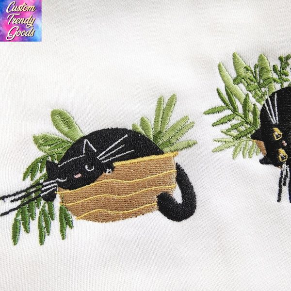 Embroidered Cute Black Cat And Plants Sweatshirt
