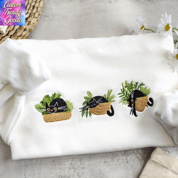 Embroidered Cute Black Cat And Plants Sweatshirt