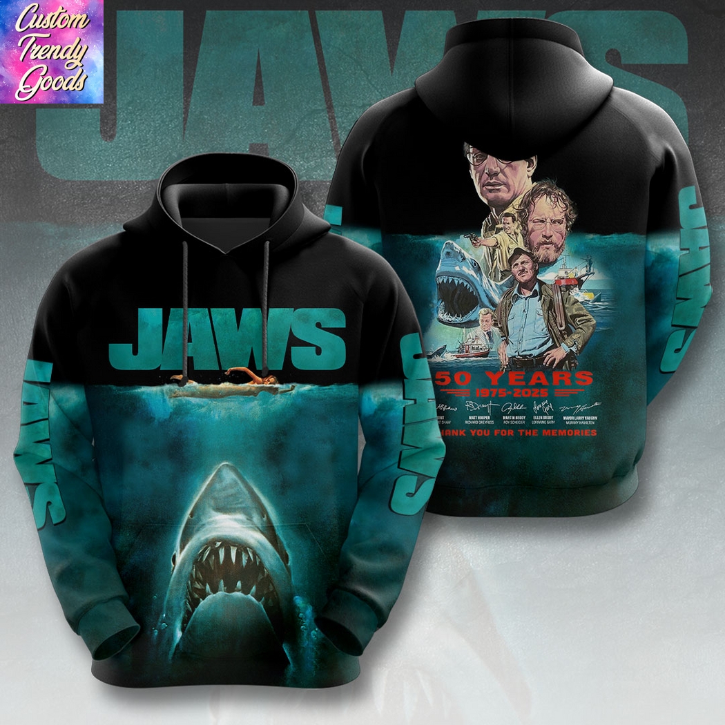 Jaws 50 Years 1975-2025 Signature Thank You For The Memories Hoodie Jaws 50 Years 1975-2025 Signature Thank You For The Memories Hoodie