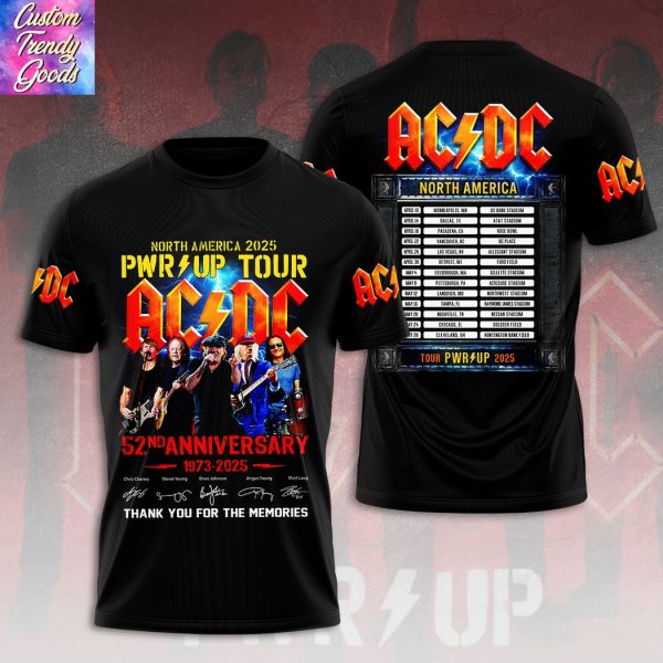 North America 2025 Pwr Up Tour AC DC 52nd Anniversary 1973-2025 Signature Thank You For The Memories 3D T-Shirt