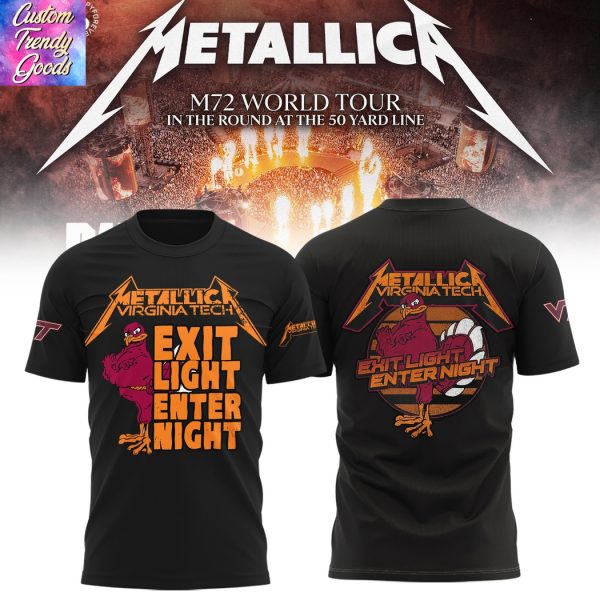 Virginia Tech Hokies Metallica M72 World Tour Exit Light Enter Night 3D T-Shirt – Black